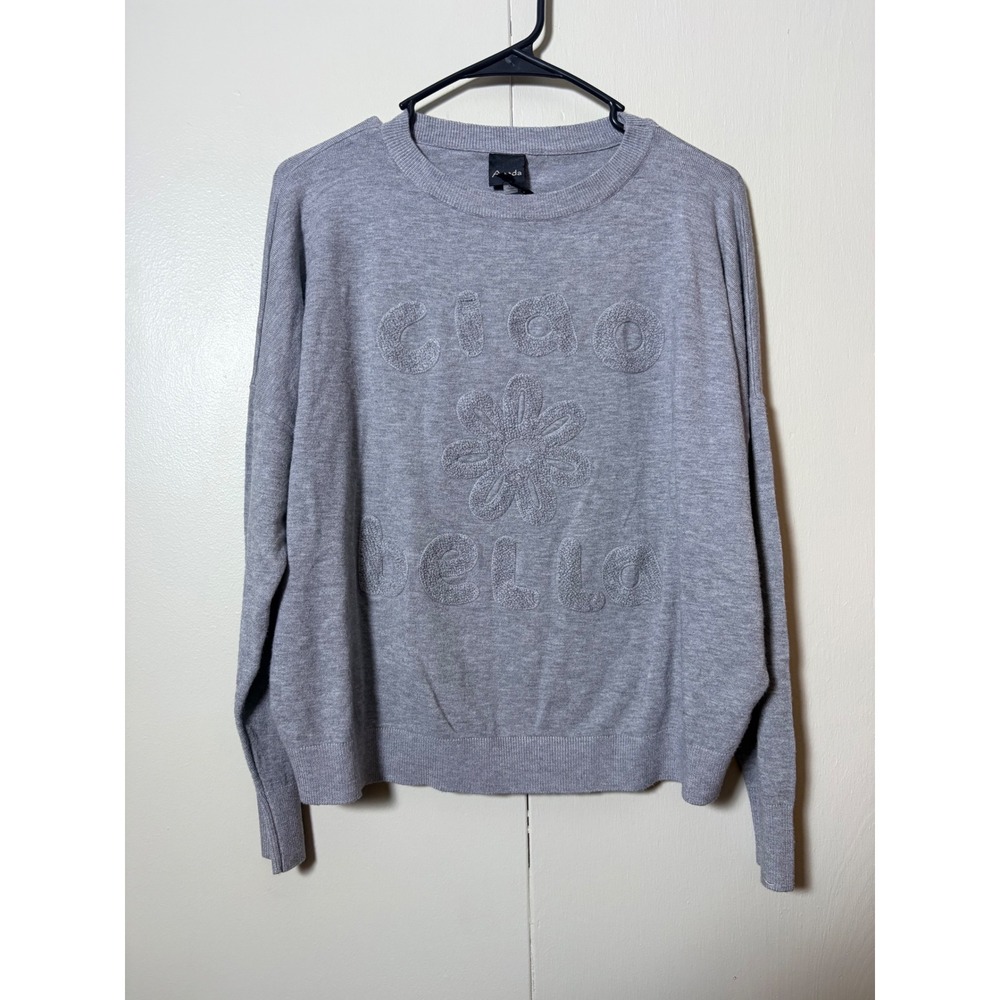 Aaeda Ciao Bella Grey Graphic Knit Sweater Floral Pullover M Cozy Casual Coastal